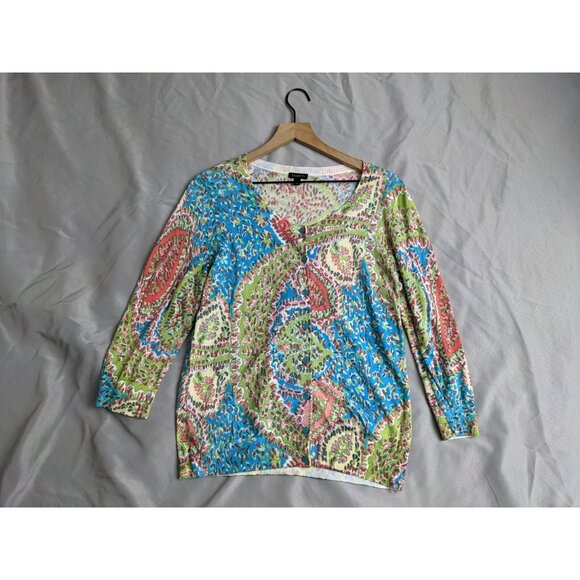 Talbots Sweater Green & Blue Button Up Cardigan Boho Paisley Womens Size XL - Picture 1 of 9
